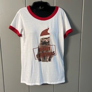 LuLaRoe Christmas Santa Hat Cat Tee White Red  Size XS